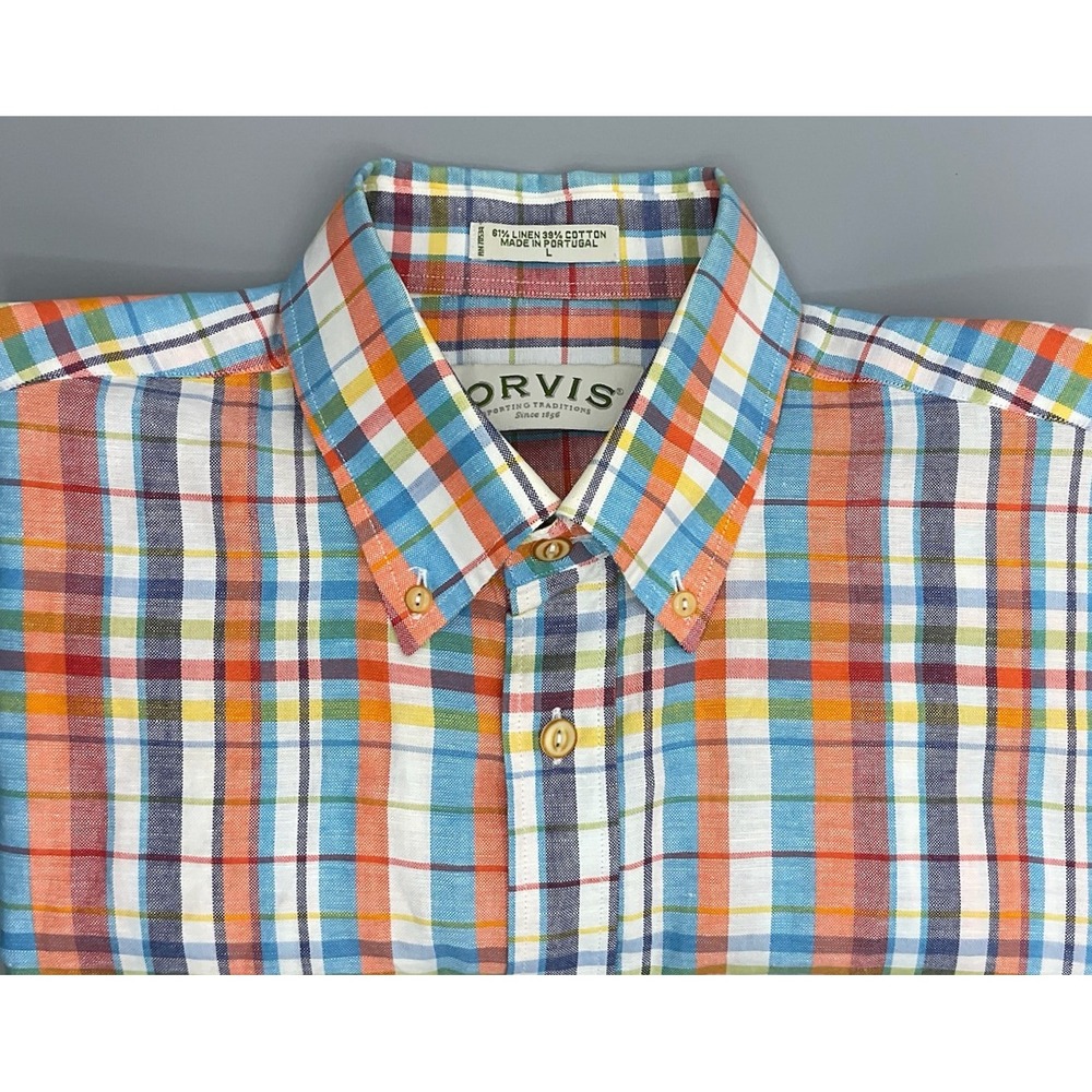 Orvis Mens Linen Cotton Blend Plaid Short Sleeve Shirt Multi Color Size Large